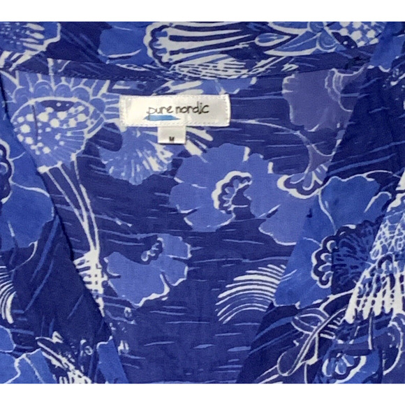 Pure Nordic Cotton House Dress Medium Beach Cover Kaftan Boho Blue Floral & Lace - Picture 3 of 8